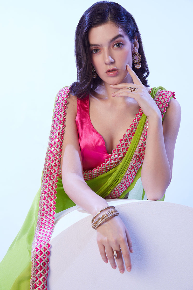 Parrot Green Moss Saree with Elegant Lace Work and Blouse
