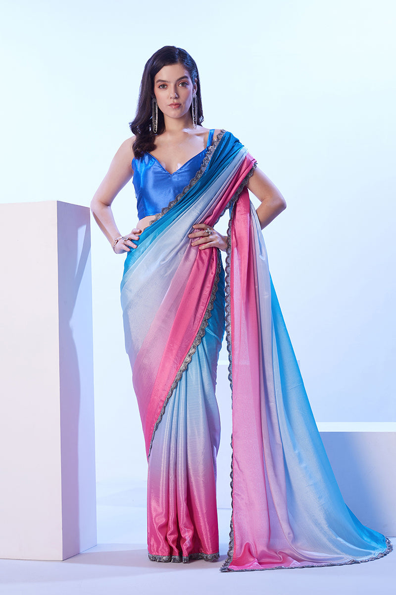 Multicolour silk chinon saree with elegant lace border in blue, pink, and purple