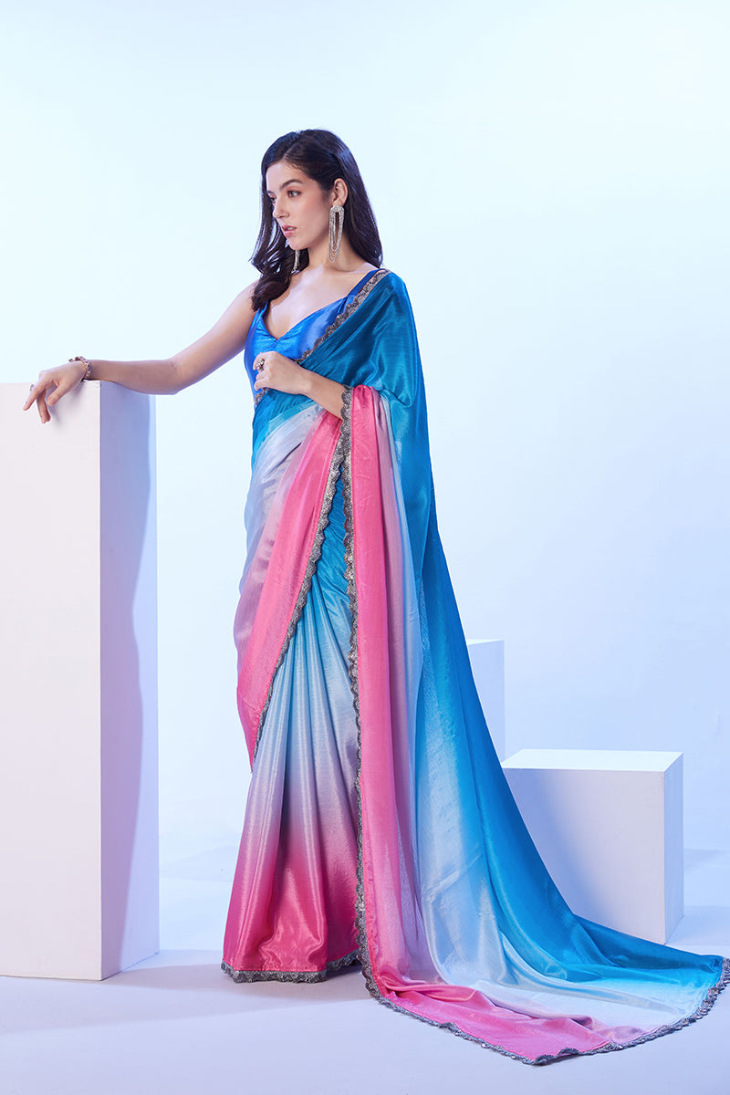 Multicolour Chinon Silk Saree with Lace Border for Ceremonies