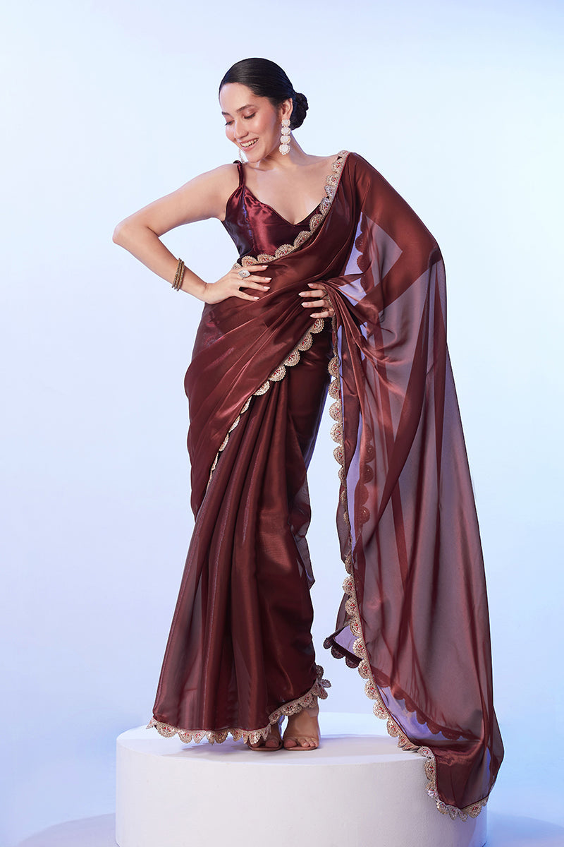Coffee Brown satin saree with lace detailing and matching art silk blouse