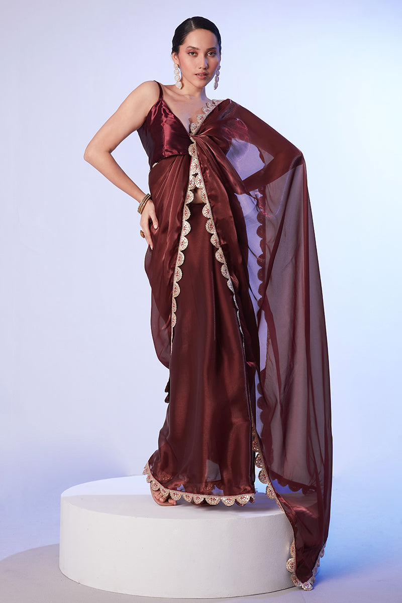 Coffee Brown Satin Saree with Art Silk Blouse and Lace Detail