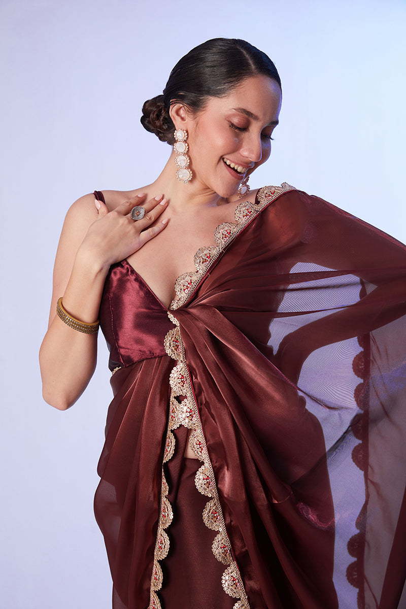 Coffee Brown Satin Saree with Art Silk Blouse and Lace Detail