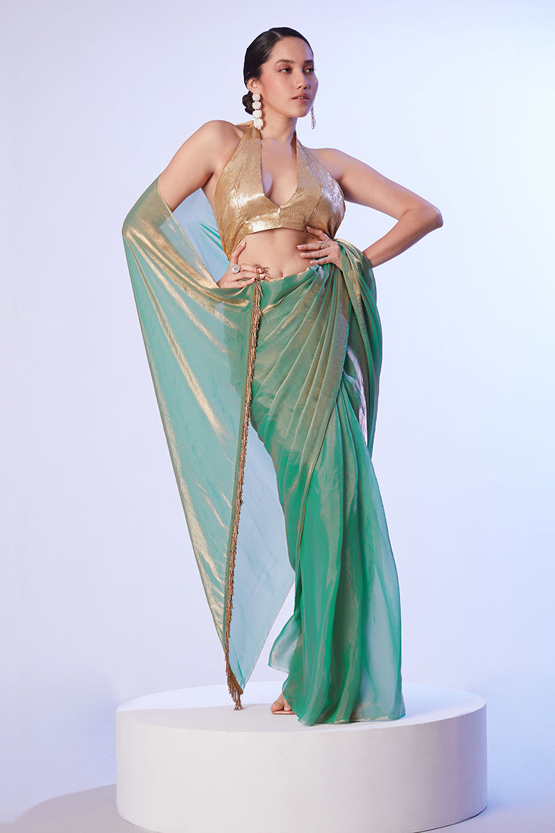 Sea Green Satin Organza Saree with Gold Art Silk Blouse & Lace