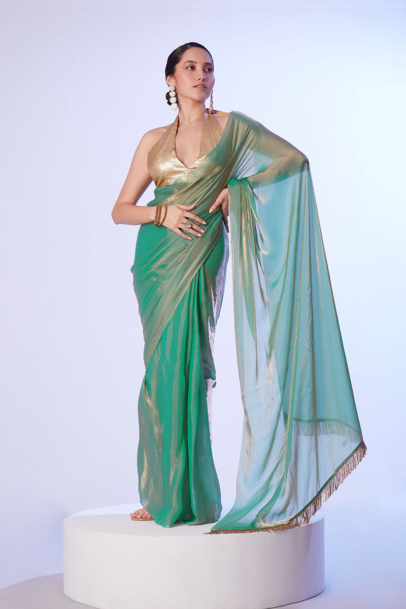 Sea Green Satin Organza Saree with Gold Art Silk Blouse & Lace