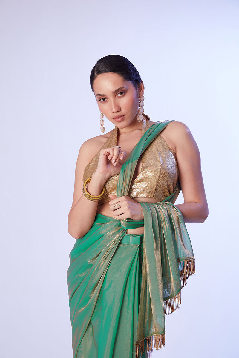 Sea Green Satin Organza Saree with Gold Art Silk Blouse & Lace