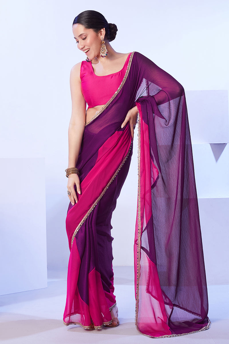 Purple and pink satin moss designer saree with lace borders