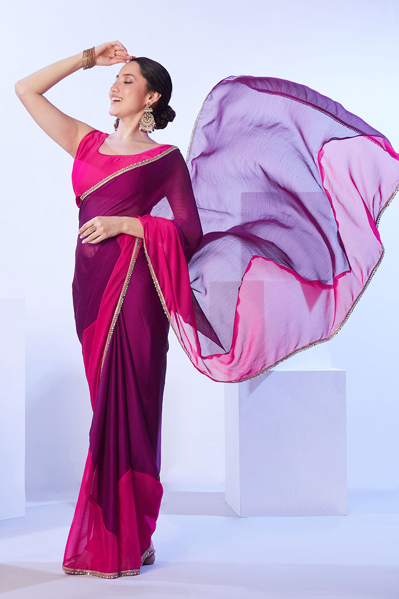 Purple & Pink Satin Moss Designer Saree with Lace Detail