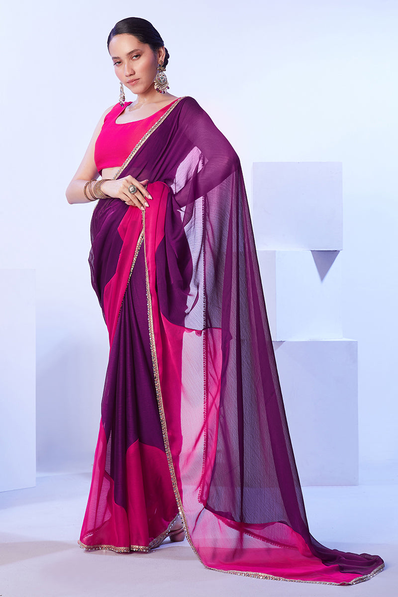 Purple & Pink Satin Moss Designer Saree with Lace Detail