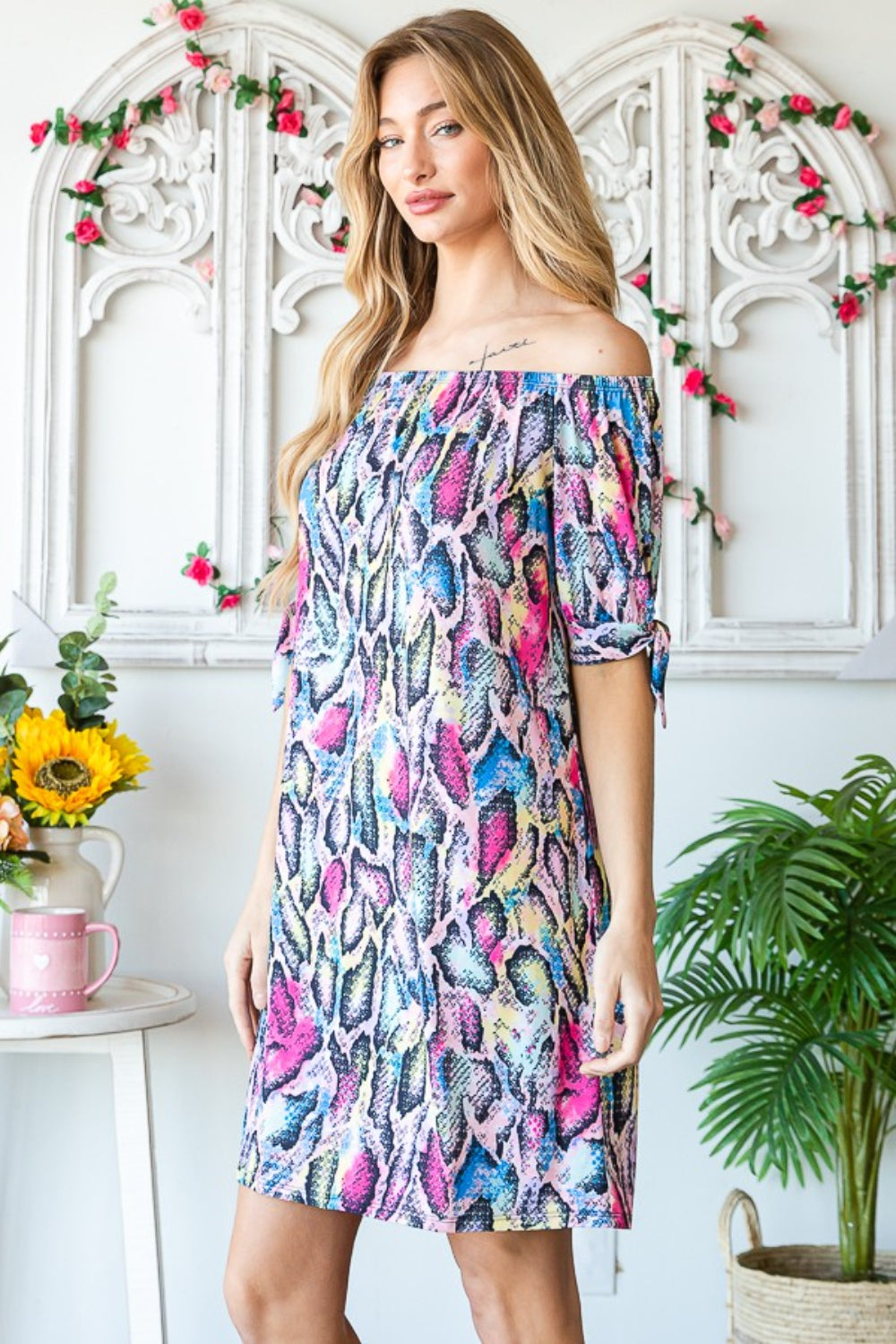 Off-Shoulder Snake Print Mini Dress