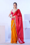 Orange and red satin moss designer saree with lace detailing