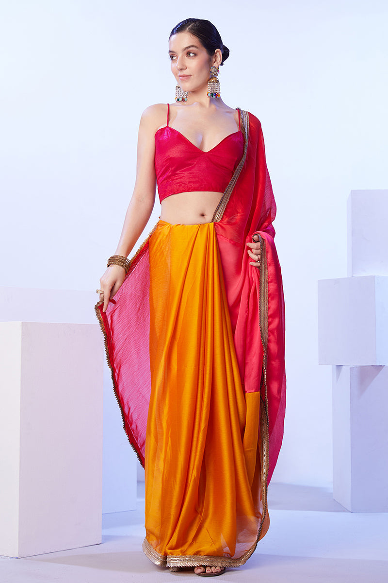 Satin Moss Orange and Red Designer Saree with Lace Trim