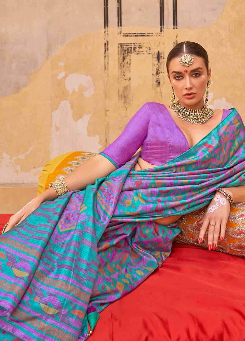 Turquoise Silk Blend Printed Trendy Casual Saree
