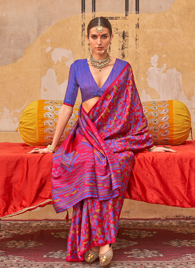 Rani Pink Silk Blend Printed Trendy Casual Saree