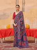 Navy blue printed silk blend saree with elegant drape for casual wear
