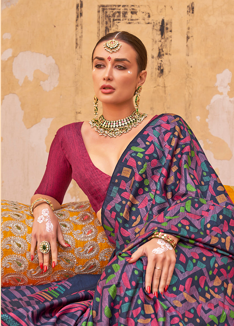 Navy Blue Printed Silk Blend Saree for Trendy Casual Wear