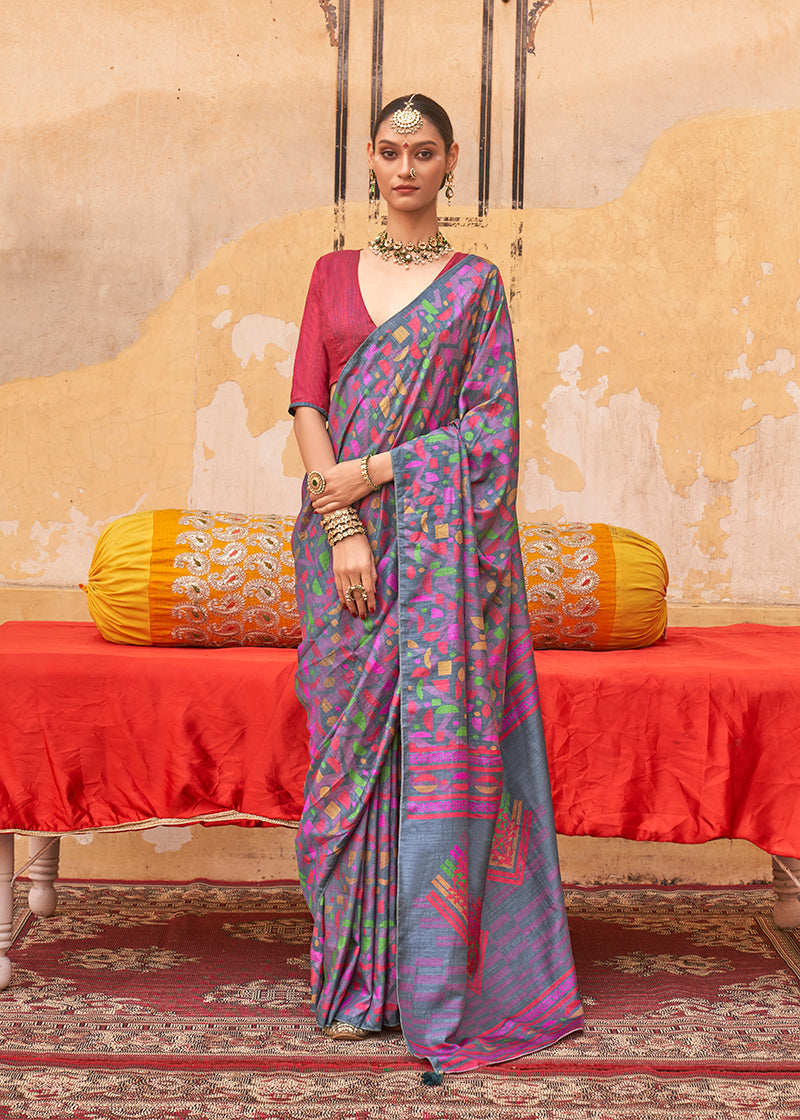 Grey Printed Silk Blend Saree for Casual and Daily Wear