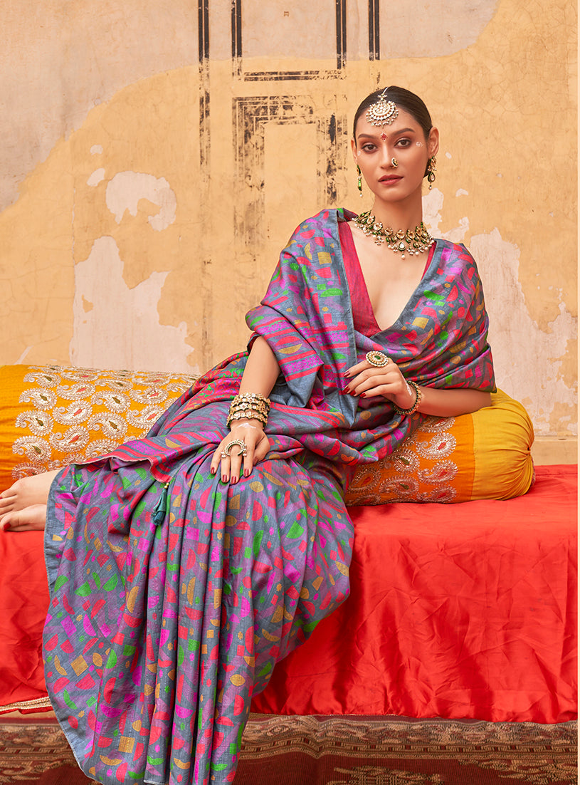 Grey silk blend printed saree for women featuring ethnic patterns for casual wear
