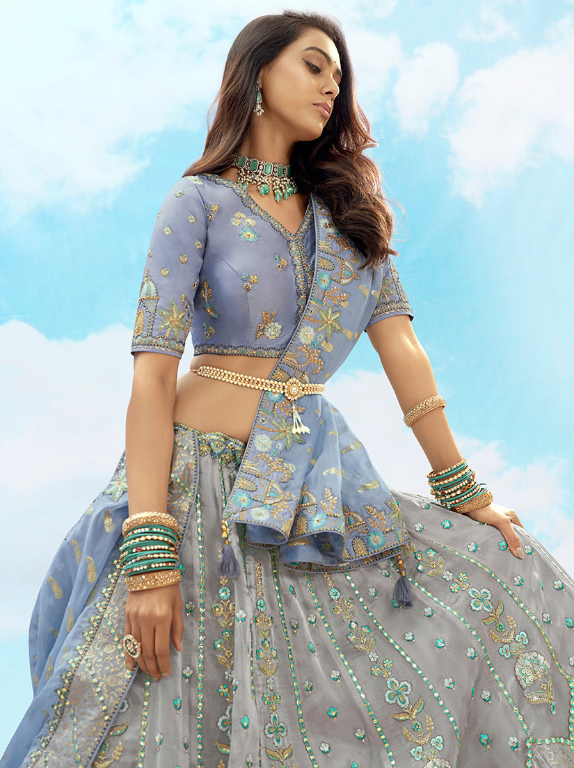 Grey & Light Blue Heavy Embroidered Wedding Lehenga Choli Set