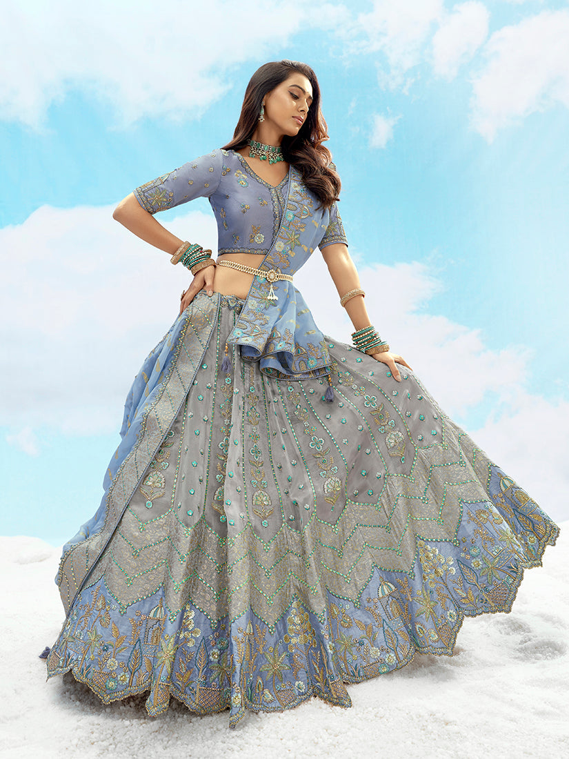 Grey & Light Blue Heavy Embroidered Wedding Lehenga Choli Set