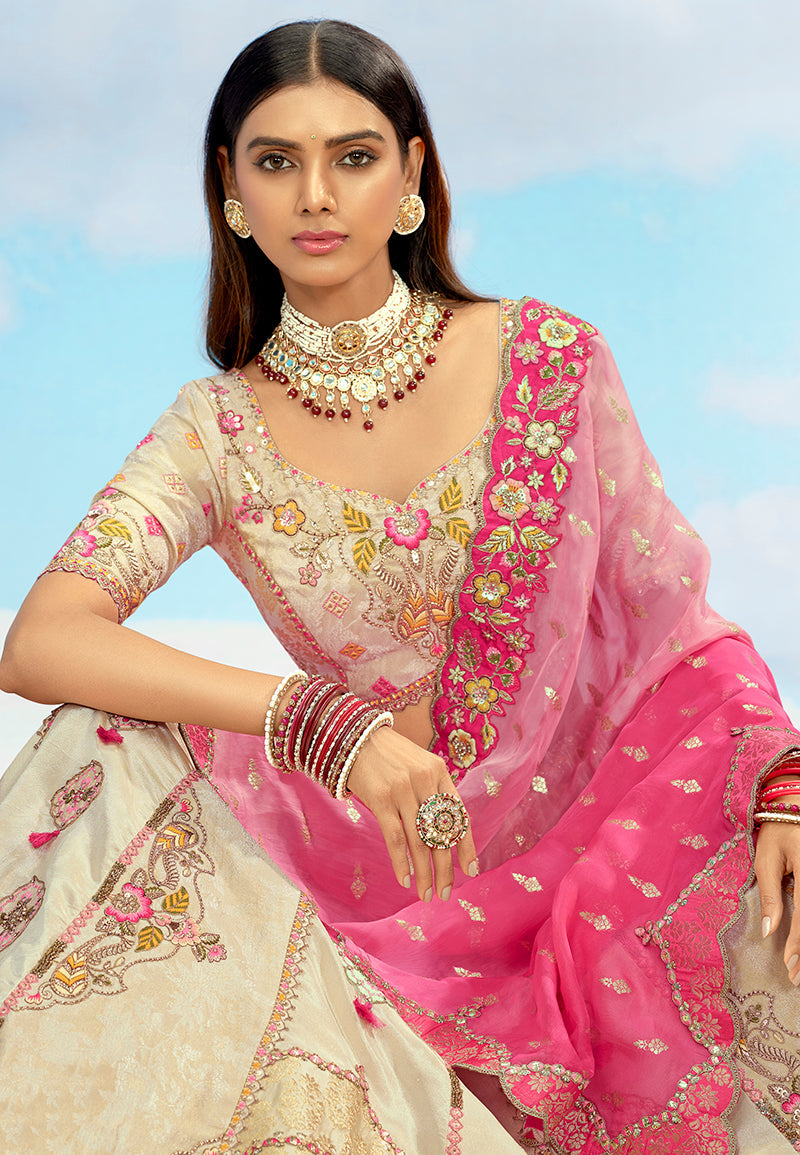 Cream & Pink Silk Wedding Lehenga Choli with Stone Work