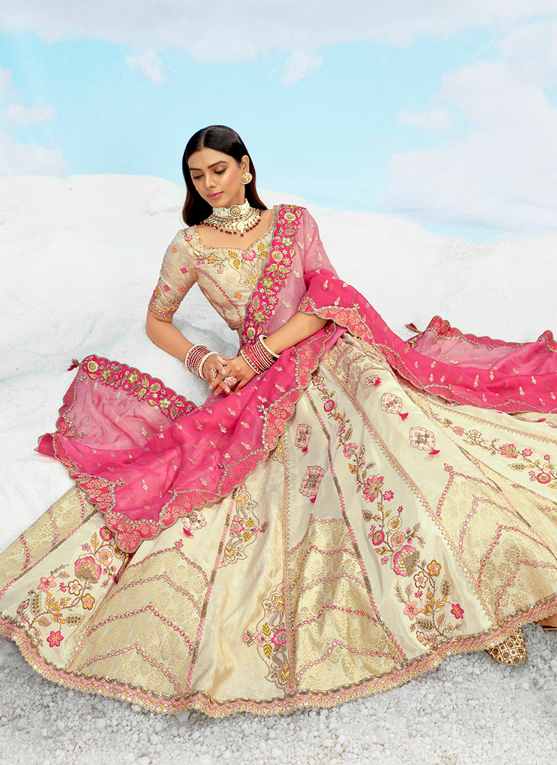 Cream & Pink Silk Wedding Lehenga Choli with Stone Work