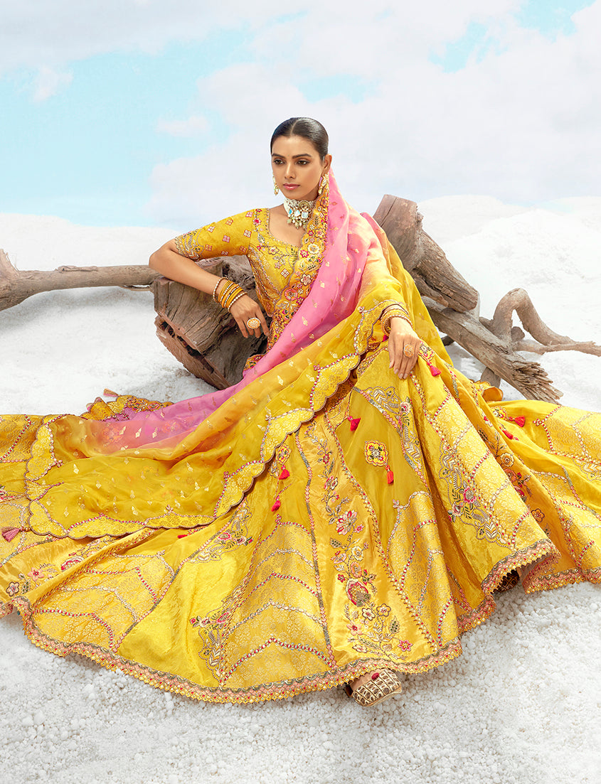 Yellow Silk Embroidered Sequins Designer Long Lehenga Choli
