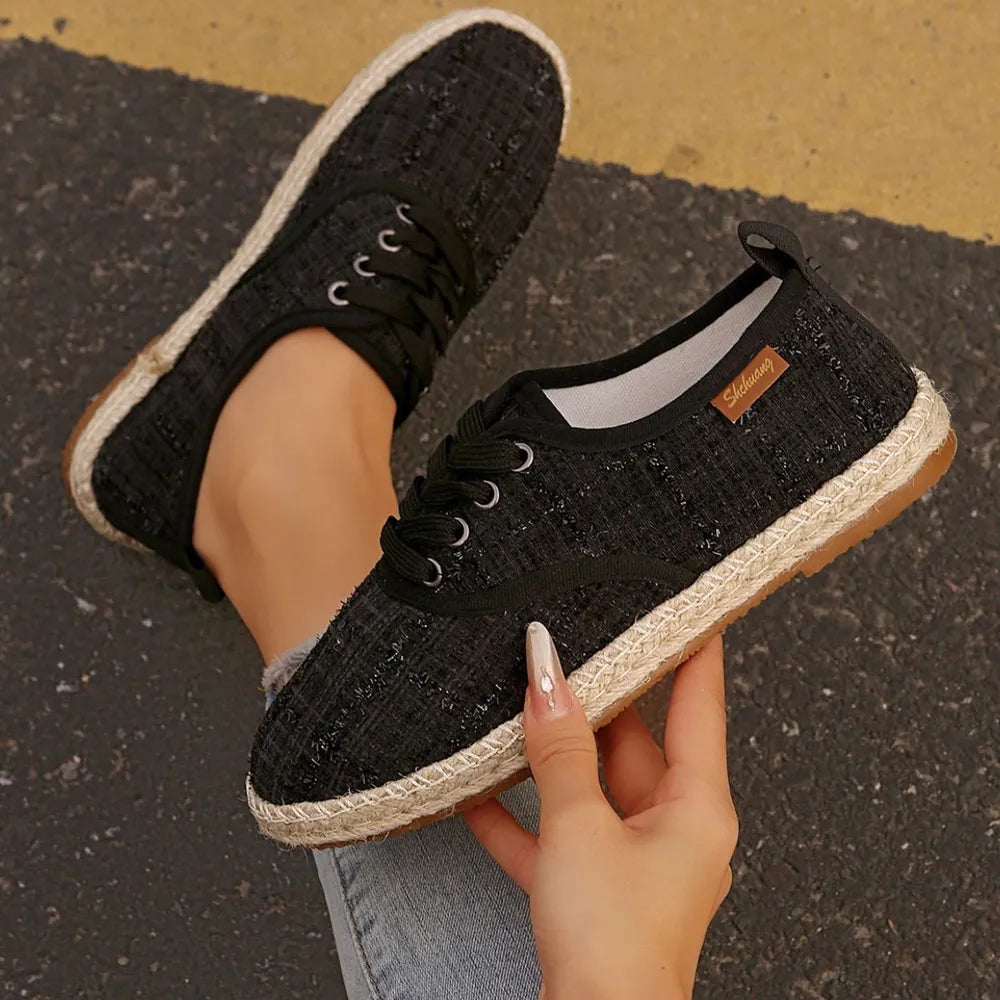 Tweed Lace-Up Round Toe Flat Sneakers Plaid Casual Shoes