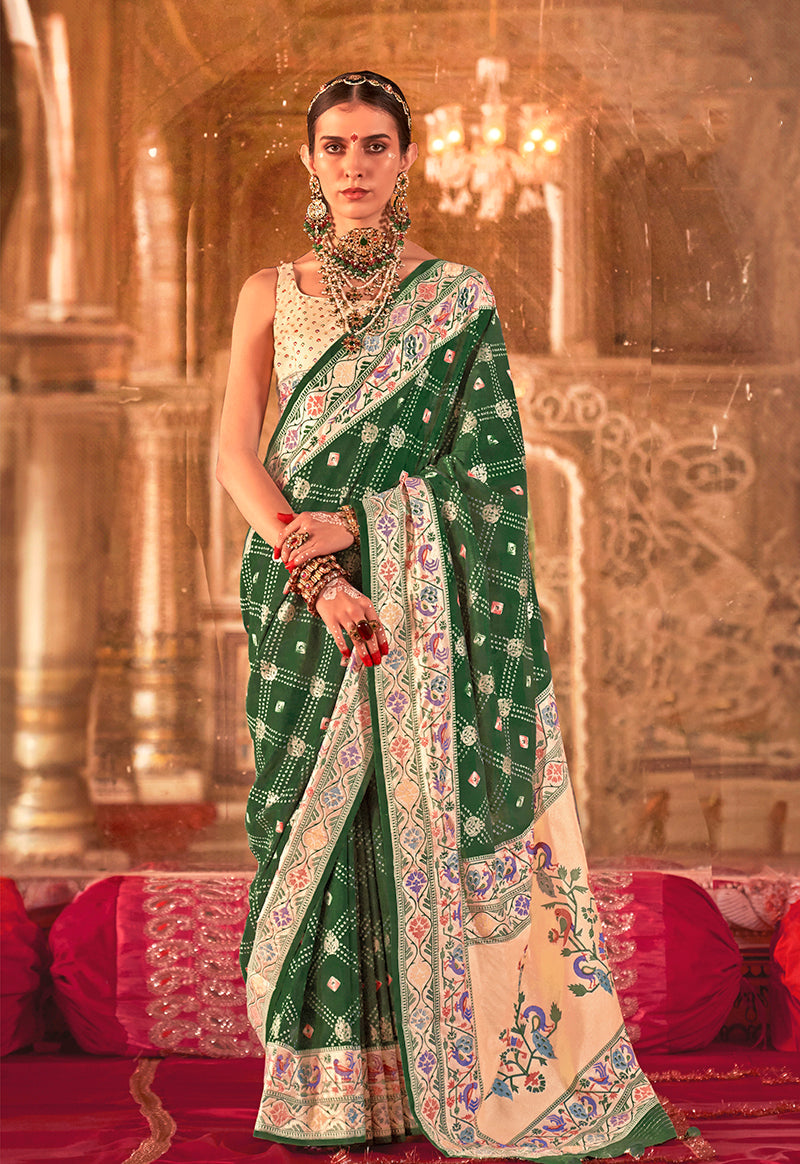 Stunning green silk blend saree featuring traditional Bandhej prints for festive wear.