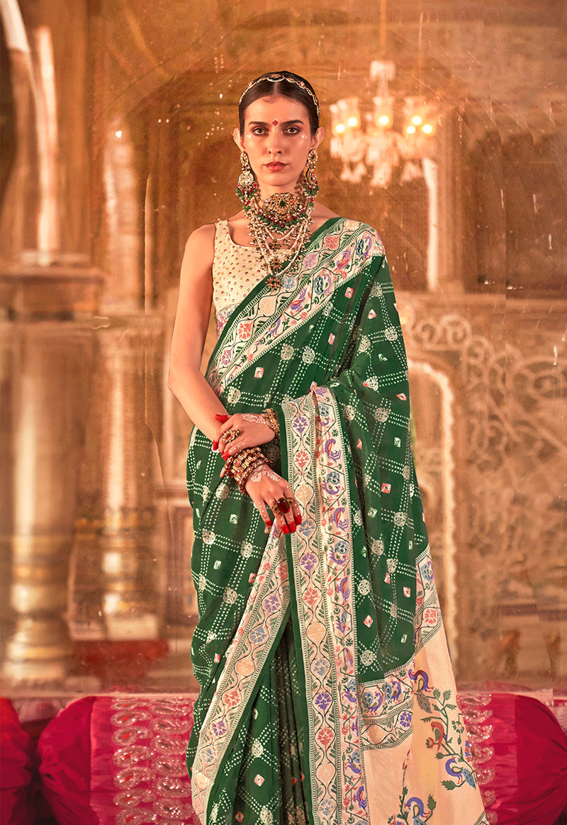 Green Bandhej Print Silk Blend Ceremonial Contemporary Saree