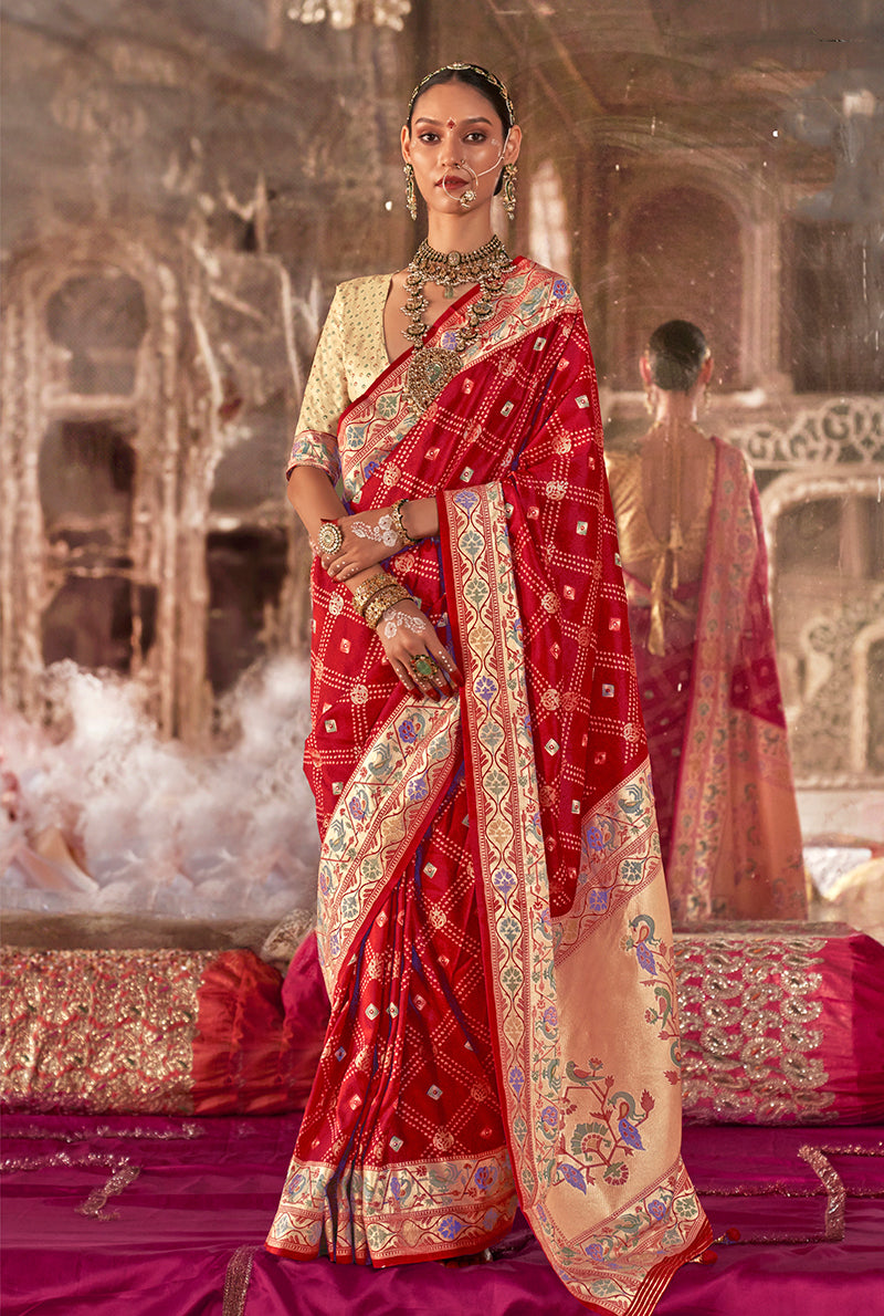 Red Bandhej print silk blend saree for ceremonies and parties