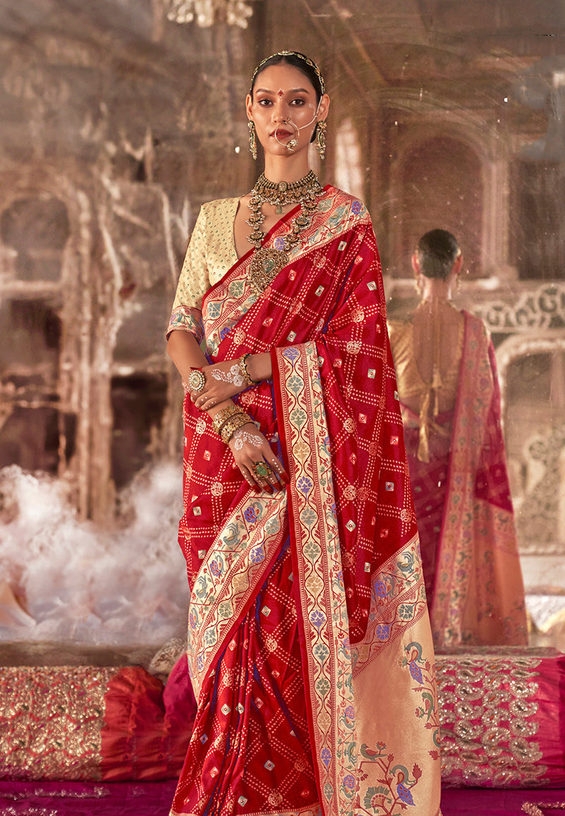 Red Bandhej Print Silk Blend Contemporary Ceremonial Saree