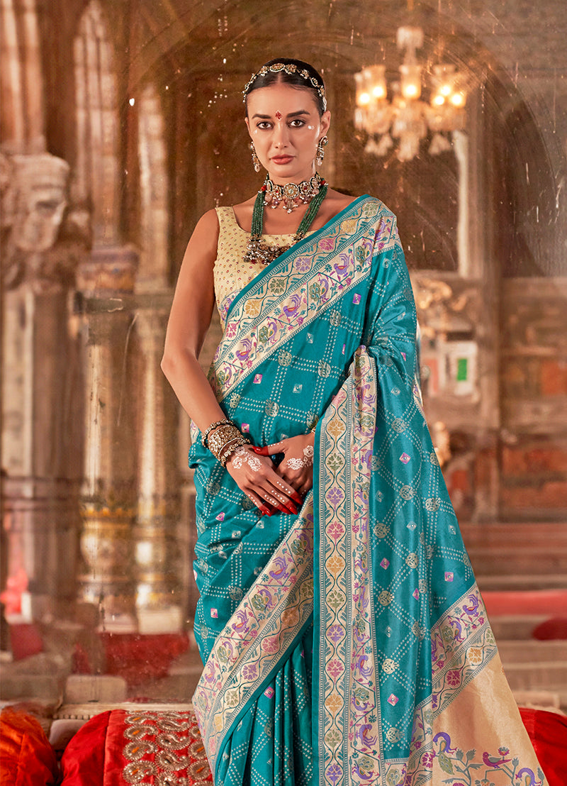 Aqua Blue Bandhej Print Silk Blend Saree for Ceremonies