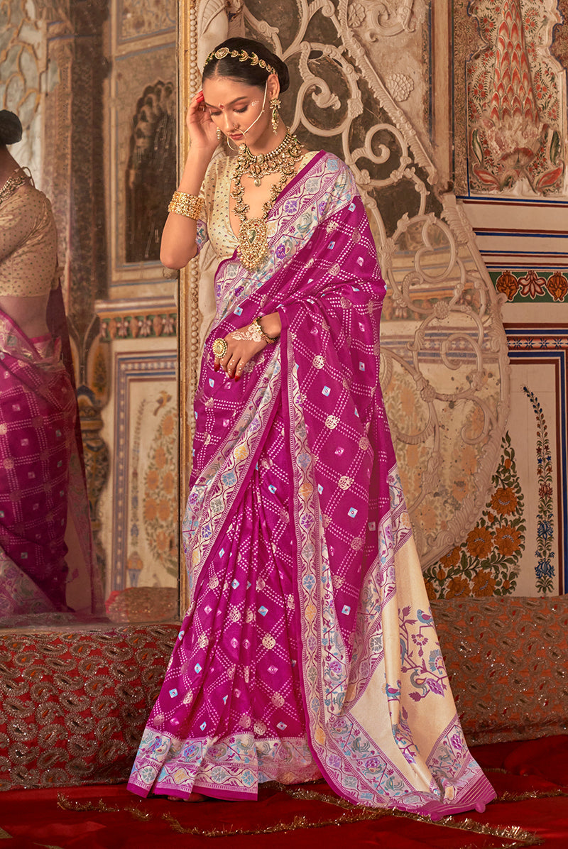 Rani pink silk blend saree with traditional Bandhej print design