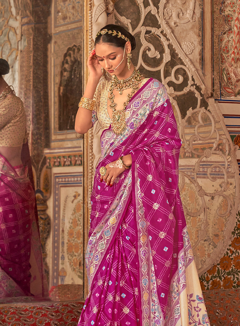 Rani Pink Silk Blend Bandhej Print Ceremonial Saree