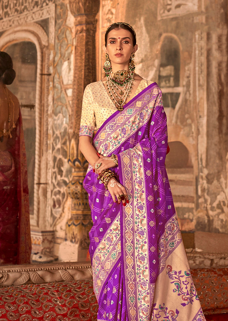 Dark Violet Bandhej Print Silk Blend Saree for Festive Occasions