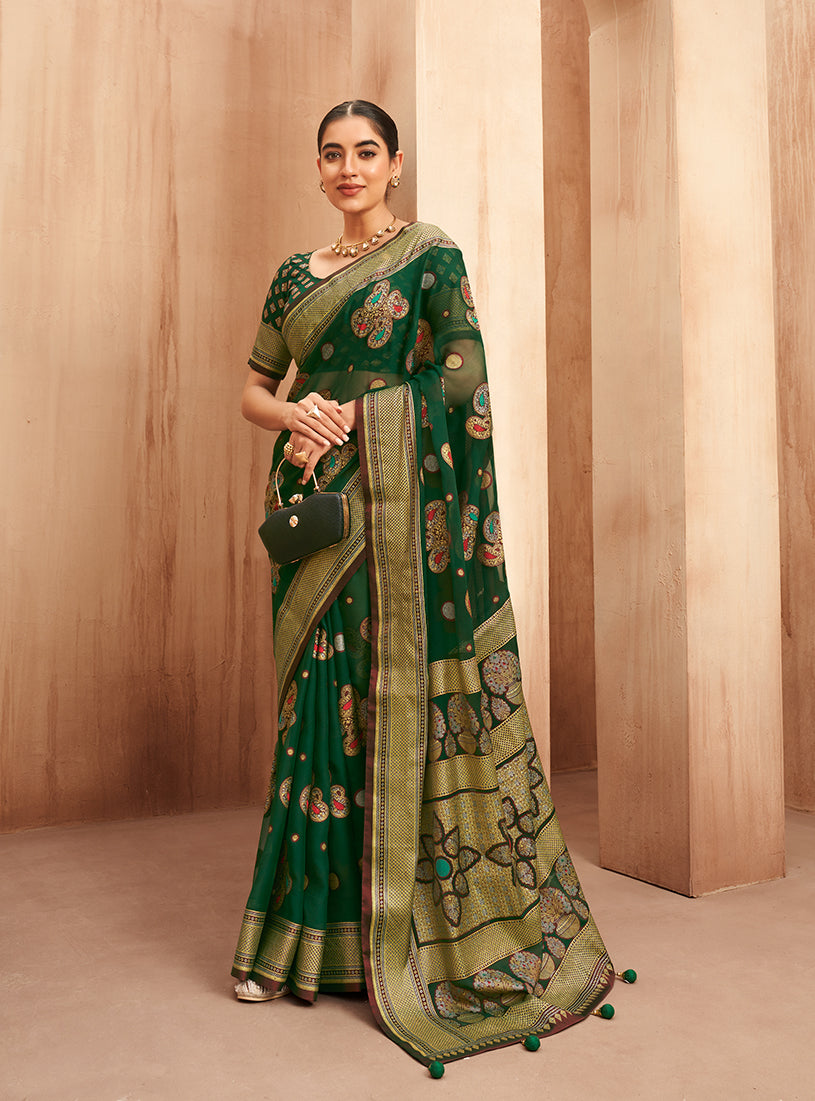Green traditional georgette saree with woven work details