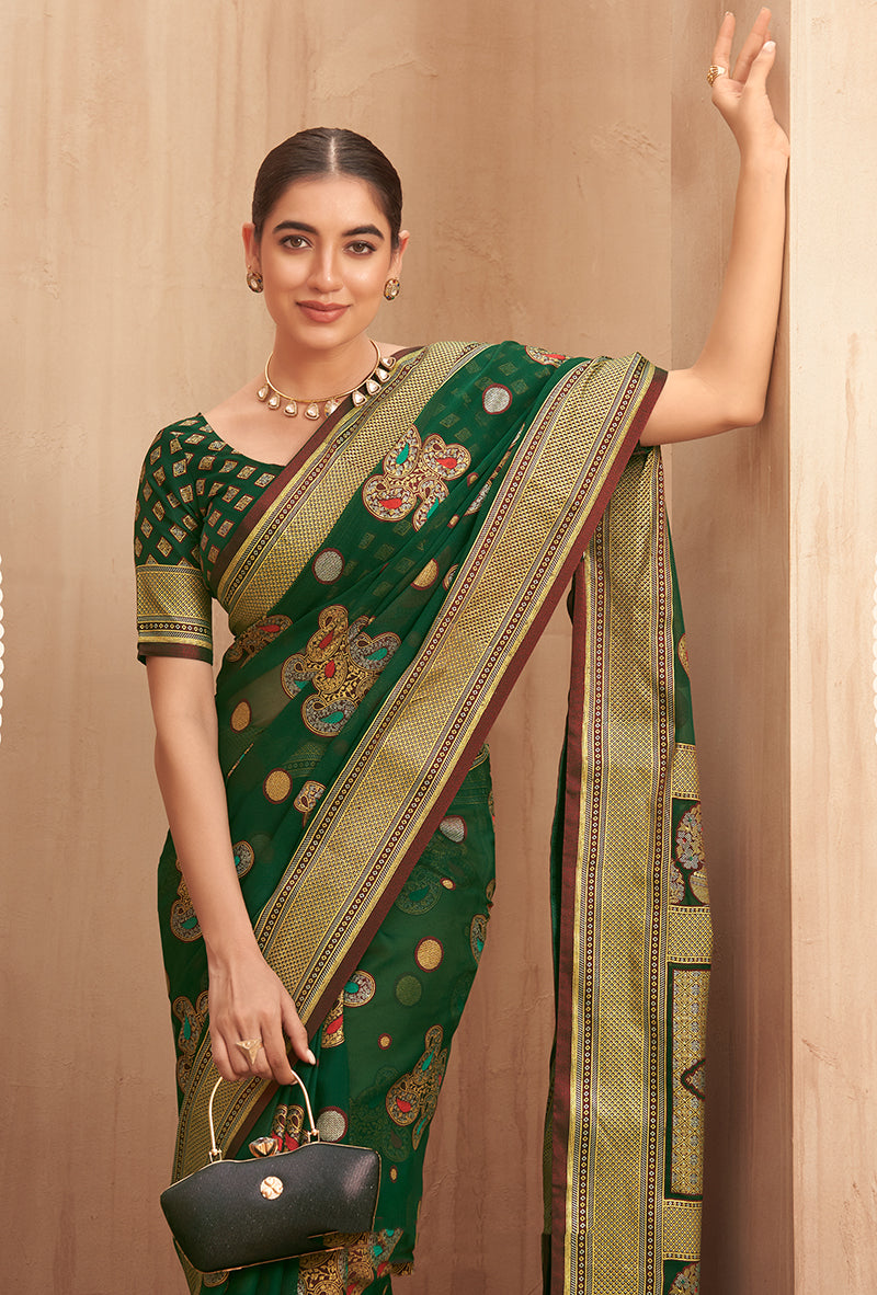 Green Georgette Traditional Saree with Woven Work