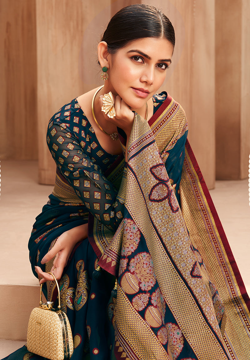 Teal Georgette Traditional Saree with Woven Work