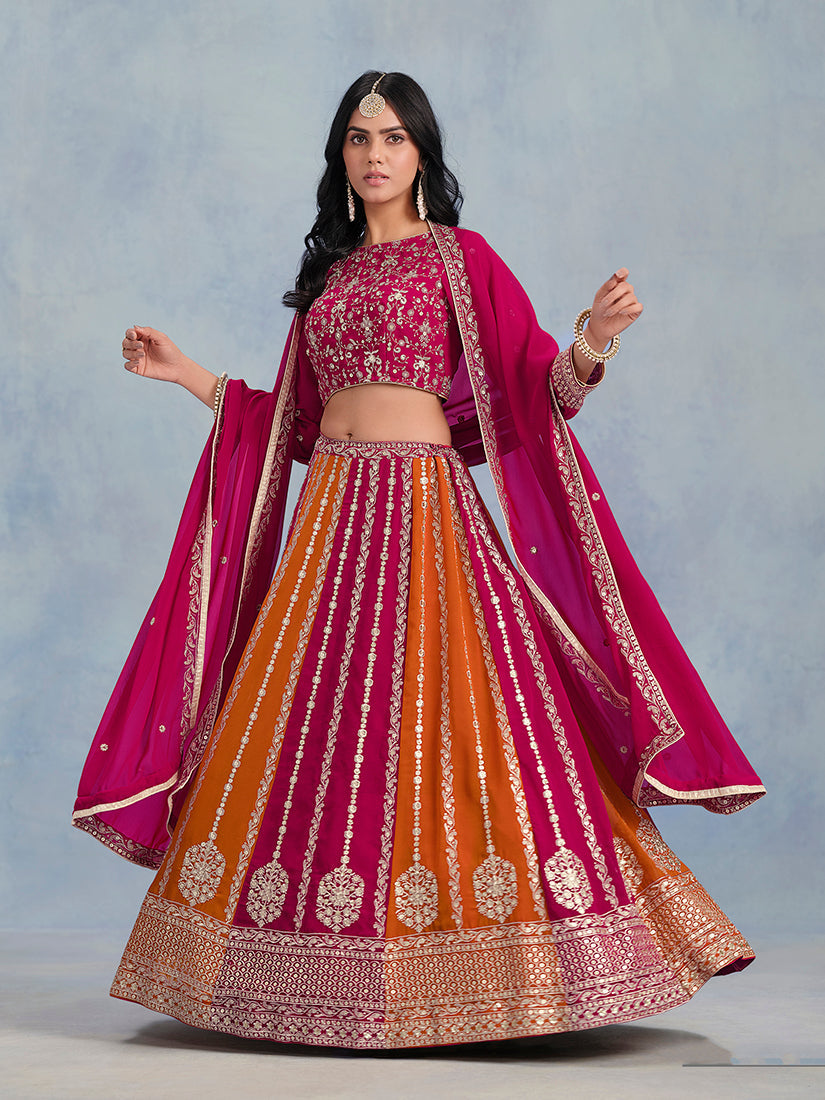 Rani Pink Embroidered Faux Georgette Lehenga Choli for Wedding