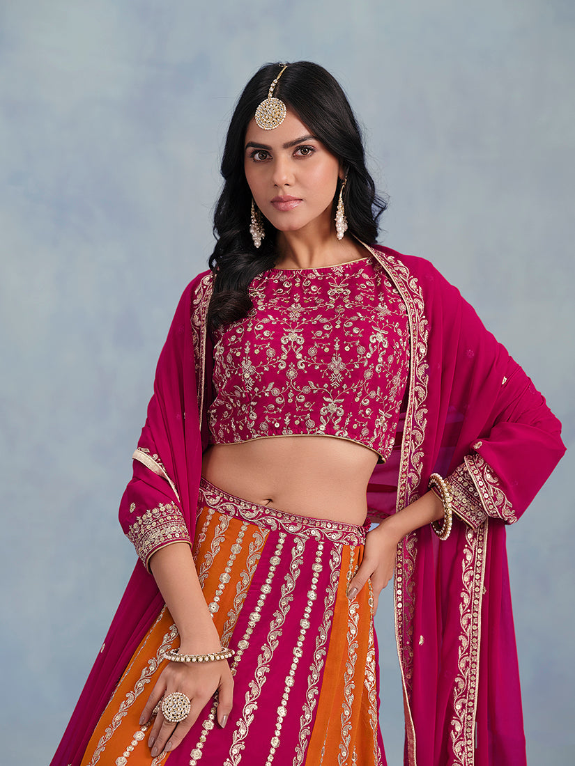 Rani Pink Embroidered Faux Georgette Lehenga Choli for Wedding