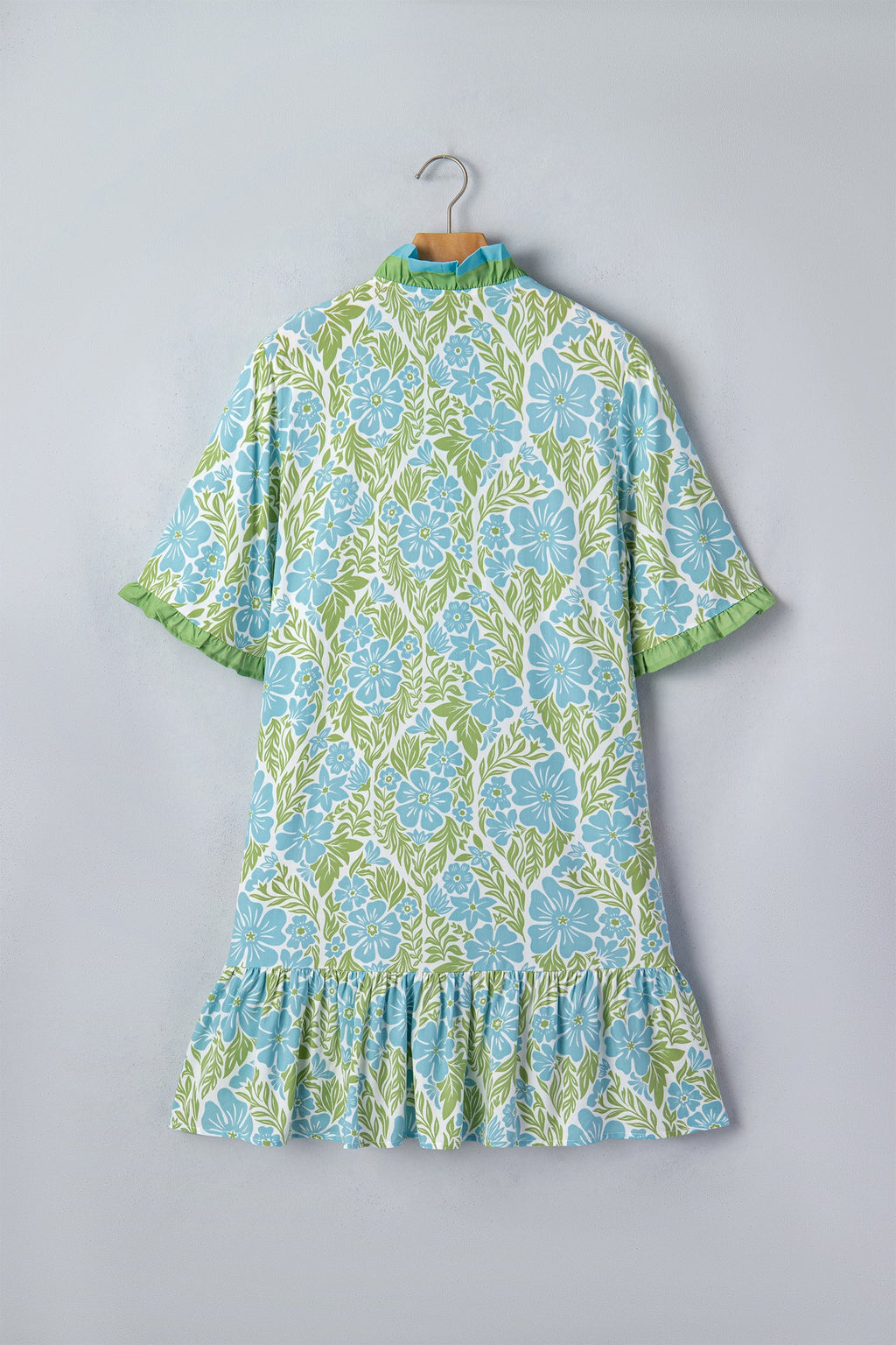 Floral Ruffle V-Neck Button Front Dress in Light Blue and Green