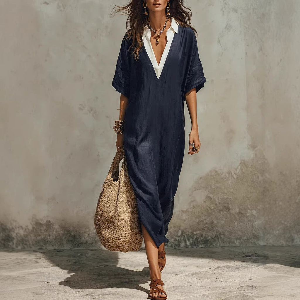 Women's V-Neck Contrast Collar Linen Blend Midi Dress with Pockets