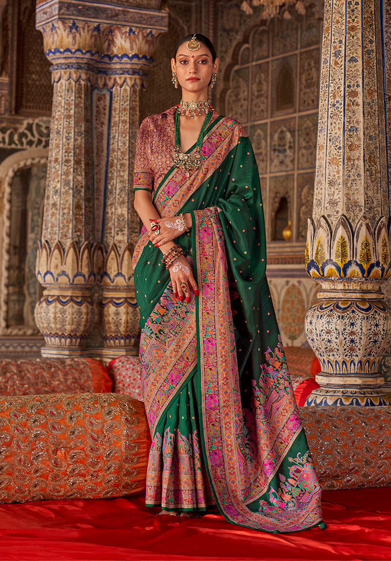Dark green embellished and printed silk blend saree