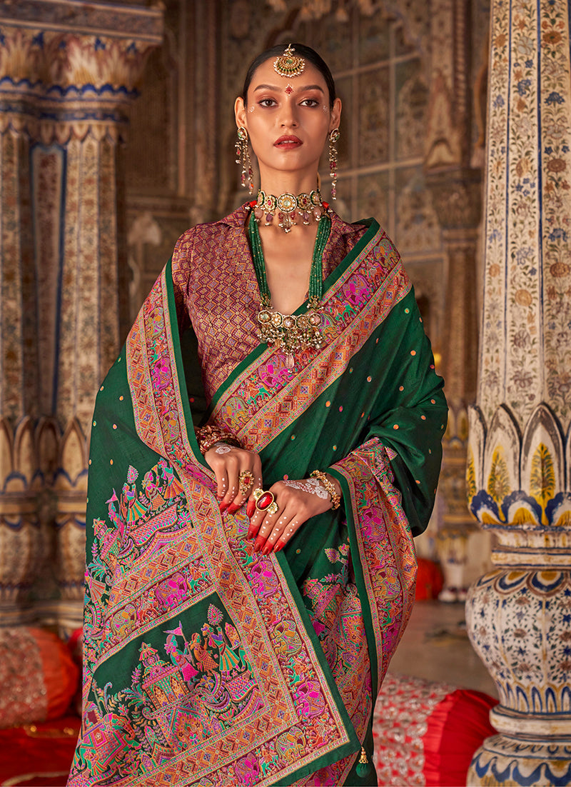 Dark Green Embellished Silk Blend Saree with Printed Design