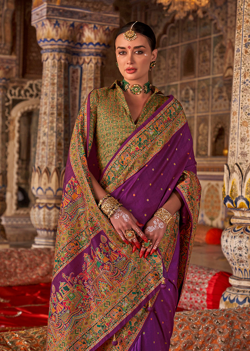 Purple Printed Silk Blend Embellished Saree for Special Events