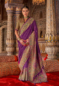 Purple printed silk blend saree with elegant embellishments.