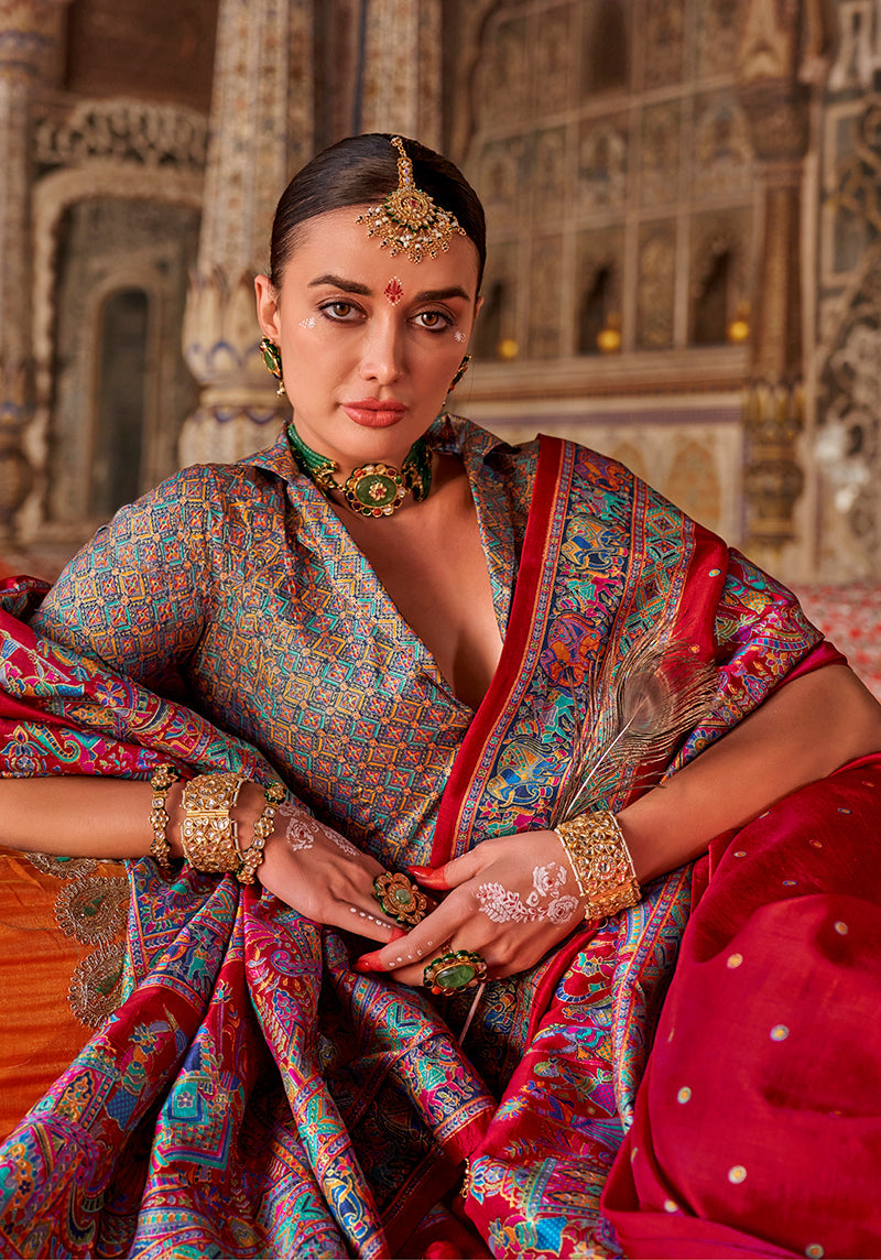 Crimson Red Printed Silk Blend Embellished Saree