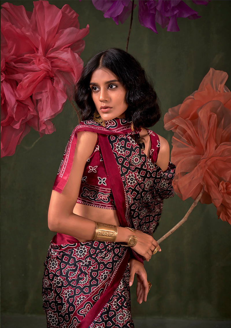 Black Satin Crepe Printed Contemporary Saree