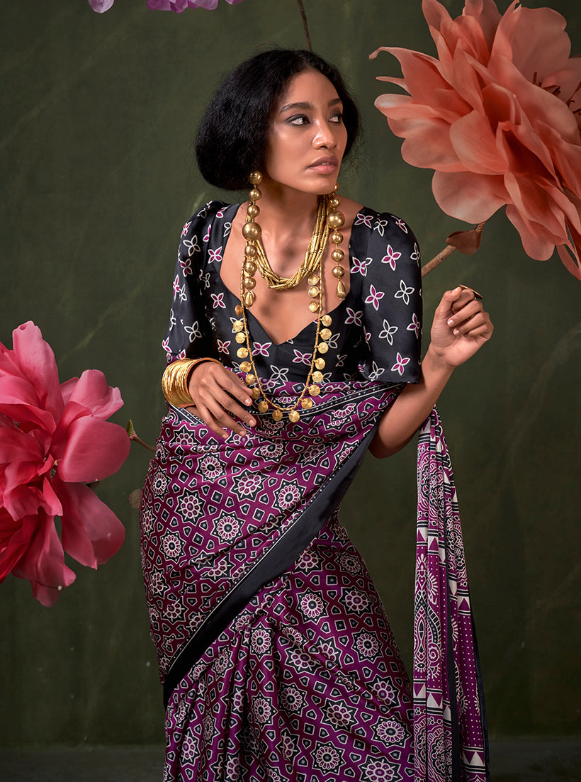 Purple Satin Crepe Printed Saree with Matching Blouse