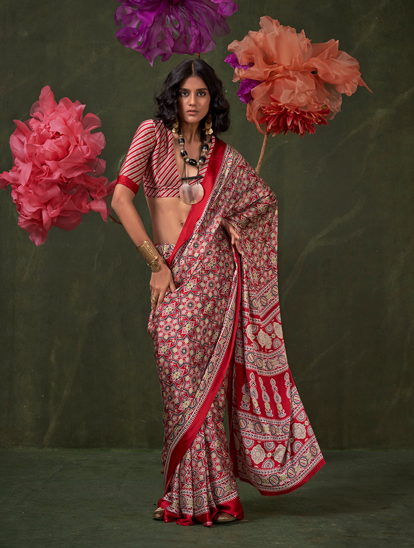 Vibrant red satin crepe printed contemporary saree with silk-like finish